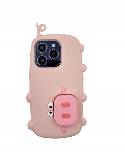 Mbulesë telefoni 3D derrkuc me stojt, për iPhone 16, silikoni, rozë