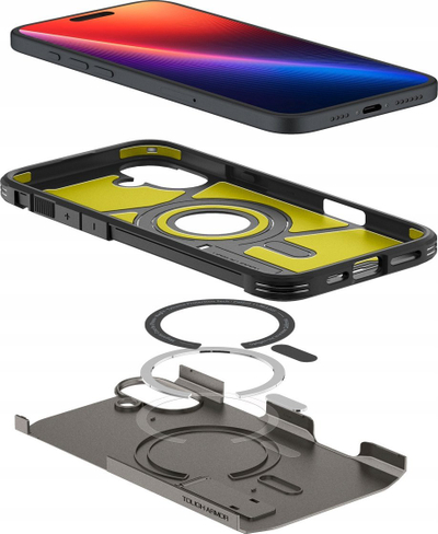 Mbulesë telefoni Spigen Tough Armor MagSafe, për iPhone 16 Plus, me qëndrëse, gri gunmetal
