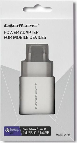 Karikues Qoltec 51714, 1x USB A, 1x USB C, 18W, i bardhë
