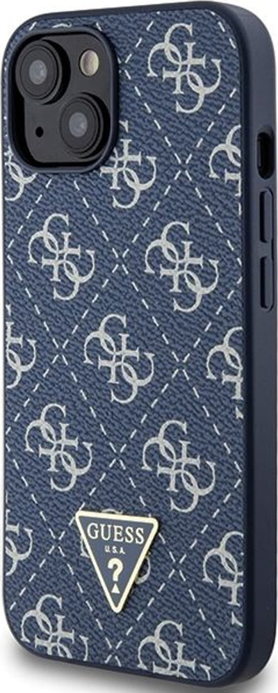 Kapak telefoni Guess 4G Triangle Metal Logo për iPhone 15, lëkurë ekologjike, shkon me karikim wireless, blu