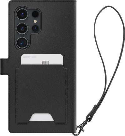 Këllëf portofol Spigen Wallet S Plus për Galaxy S24 Ultra, lëkurë PU, me lanyard, i zi