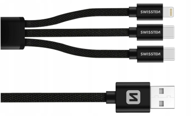 Kabllo karikimi Swissten Textile 3in1, 1.2m, USB A në USB C dhe Lightning, e zezë