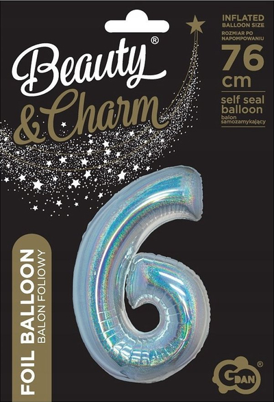 Balon folie Beauty &amp; Charm numri 6, 76 cm, holografik, argjend