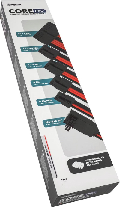 Set zgjatës kabllosh Kolink Core Pro 12VHWPR Type 2, braided, Jet Black Racing Red
