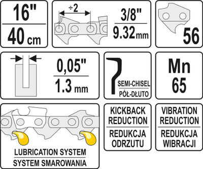 Zingjir për sharrë elektrike Yato, 16"x 3/8" x 0.05", 56 hallka (YT-84954)