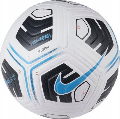 Top futbolli Nike Academy Team FZ7540-102, me teknologji Aerowsculpt, i bardhë me detaje të zeza edhe blu