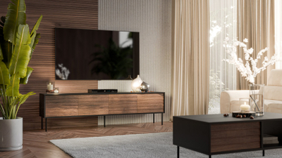 Kabinet TV Cama Meble Cortina 4D, 200x40x55 cm, i zi me ngjyrë walnut