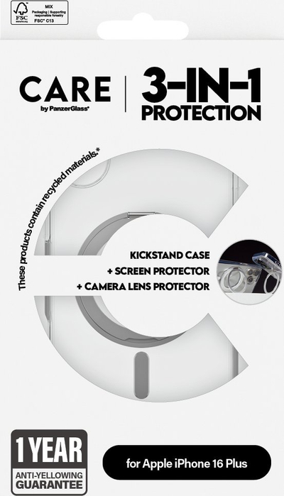 Set mbrojtës PanzerGlass CARE 3 në 1, xham qeramik, kuti MagSafe me kickstand, transparent