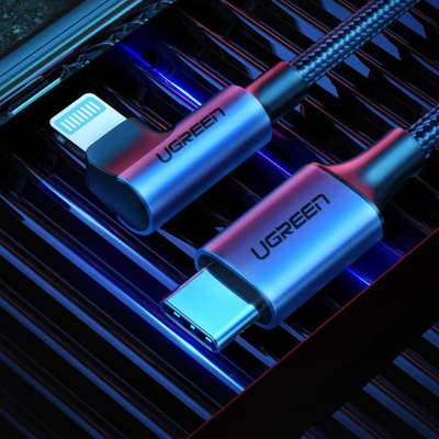 Kabllo USB C në Lightning Ugreen MFi, 1.5m, kënd i djathtë, e zezë