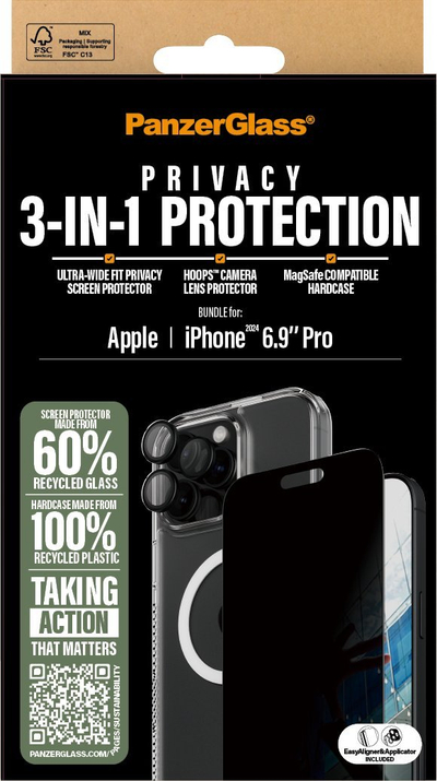 Set mbrojtës PanzerGlass 3 in 1 Privacy iPhone 16 Pro Max 6.9", MagSafe, transparent