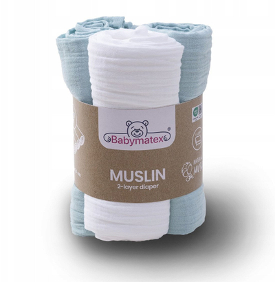 Pelenë muslini BabyMatex, set 3 copë, 70 x 80 cm, mente dhe e bardhë