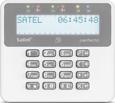 Tastierë wireless Satel PRF LCD A2 ABAX2, ekran LCD, me lexues kartele, e bardhë