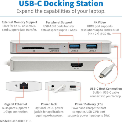 Hub USB C Tripp Lite U442 DOCK11 S, 4 porta USB A, 5 Gbps, argjendtë