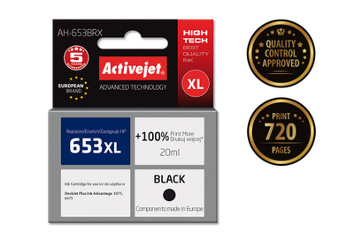 Ngjyrë për printer Activejet AH-653BRX (zëvendësim për HP 653XL 3YM75AE), 20 ml, e zezë