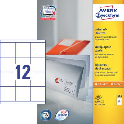 Etiketa vetëngjitëse Avery Zweckform 3661, 70 x 67.7mm, 100 fletë, të bardha