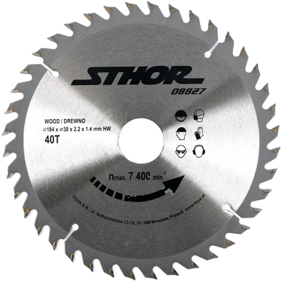 Диск за кружна пила Sthor 08827, 184mm 40T, внатрешен дијаметар 30mm, сребрен