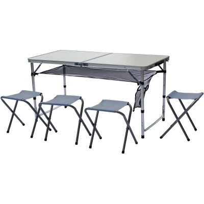 Set kampingu Energy Camp, tavolinë palos që bohet valixhe 120x60x70cm, 4 karrige, e bardhë