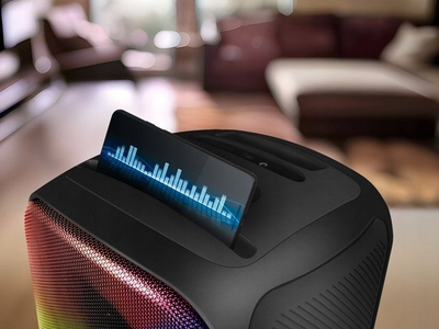 Kuti zanore portative Sven PS-555, 65W, Bluetooth me mikrofon karaoke, e zezë me drita RGB