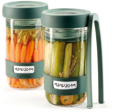 Set fermentimi Lékué Pickles Kit, 2 kavanoza 700 ml, pinca për shërbim, jeshil