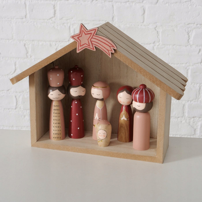 Stallë dekorative druri Wooden Nativity Scene, 25 x 10 x 20 cm, stil minimalist, ngjyrë natyrale