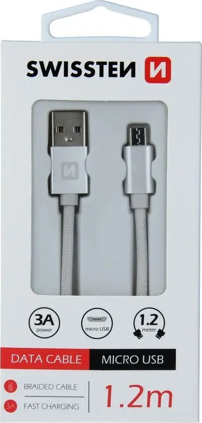 Kabllo USB Swissten USB A në micro USB, 1.2m, 3A, gri