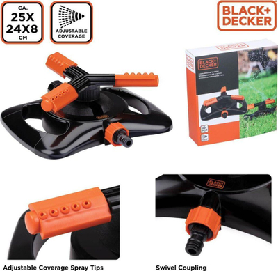 Spërkatës kopshti Black+Decker, 3 krahë, rrotullim 360°, portokalli
