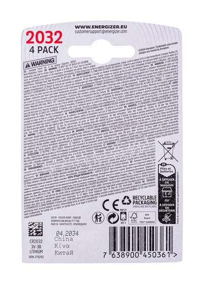 Bateri monedhë Energizer CR2032, litium 240 mAh, 3V, paketë 4 copë