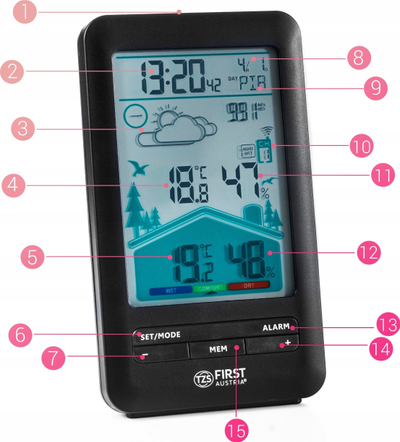 Stacion moti First Austria 2461-7, higrometër wireless, ekran LCD, i zi