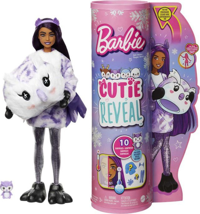 Kukull Barbie Cutie Reveal Winter Snowflake Owl, 10 surpriza, set aksesorësh, e vjollcë