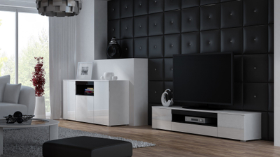 Komodë TV Cama Meble Viva 180, me ndriçim LED, bardh e zi