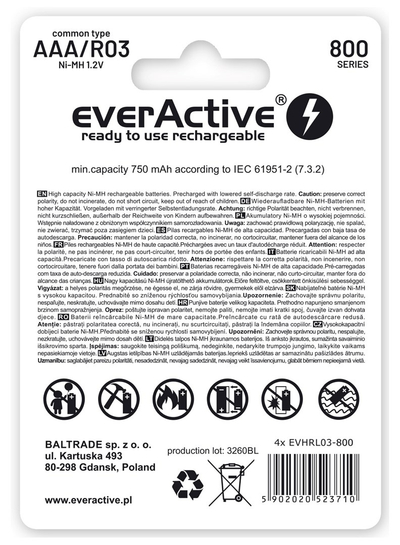 Bateri rikarikueshme EverActive Silver Line AAA R03, 750 mAh, set 2 copë, argjendtë