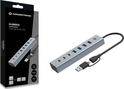 Hub USB Conceptronic HUBBIES20G me 7 porta, USB 3.2 Gen 1, 5Gbps, gri