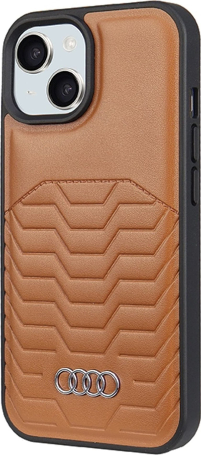 Заштитна маска Audi за телефон за iPhone 15 Plus 14 Plus, синтетичка кожа, MagSafe, кафеава