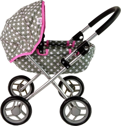 Karrocë lodër për kukulla Gray Doll Stroller, skelet metalik, me kapak, gri me yje