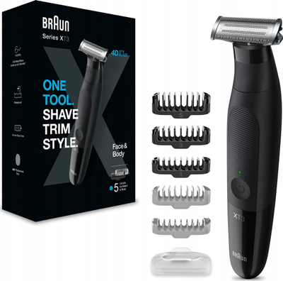 Trimer elektrik Braun Series XT3 Face+Body, tehu 4D çelik inox, rezistent ndaj ujit, i zi