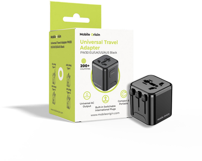 Adapter universal udhëtimi Mobile Origin PW30, prizë EU UK US AUS, 200 vende, i zi
