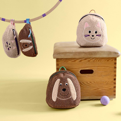 Çantë shpine fëmijësh Lassig Tiny Backpack Tiny Team Cat, dizajn mace, teddy fleece, bezhë