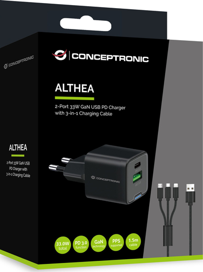 Ngarkues Conceptronic 2 Port GaN, 33W, USB PD QC 3.0 PPS, me kabllo 3 në 1, i bardhë