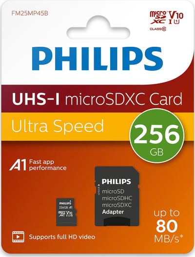 Мемориска картичка Philips MicroSDXC, 256GB, Class 10 UHS I U1, со адаптер