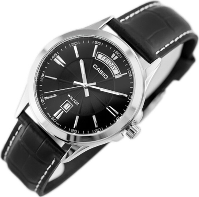 Orë dore Casio MTP-1381L-1A, analog, rezistente 50m, rrip lëkure i zi
