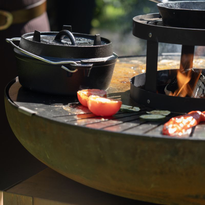 Vatër zjarri për kopsht Heat Plancha Bakka HBBQ.002, tas çeliku 80 cm, me plancha dhe rafte, ngjyrë ndryshk