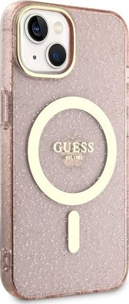 Mbrojtëse telefoni Guess Glitter për iPhone 14, MagSafe, rozë me shkëlqim