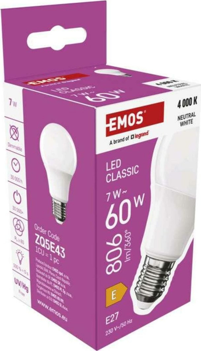Llambë LED EMOS Classic A60, E27, 7W, e bardhë