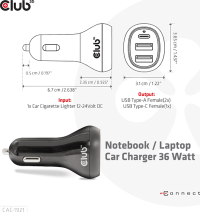 Karikues makine Club3D Car Charger, 36W, 3 porta USB, i zi