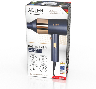 Tharëse flokësh Adler Health Hair Dryer AD 2280, 1800W, 3 shkallë temperature, blu gold
