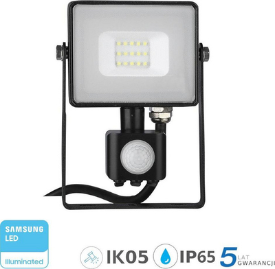 Llambë me sensor IR të lëvizjes V-TAC VT-10-SB, LED, 10 W, 6400K, 800 lm, IP65 e zezë