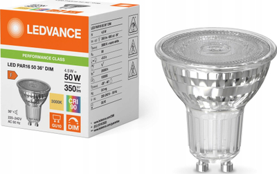 Llambë LED Ledvance PAR16 GU10, 4.5W, 3000K dimmable, transparente