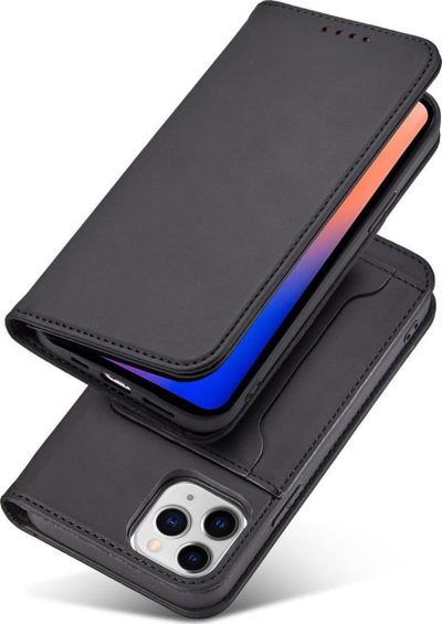 Kapak portofol për telefon Hurtel Magnet Card Case për iPhone 12, me mbajtëse kartash, me qëndrim, i zi