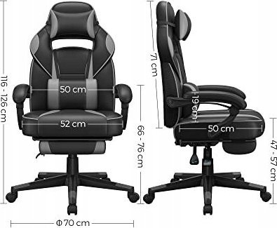 Karrige gaming rrotulluese Songmics, me mbajtëse këmbësh, jastëkë ergonomikë, e zezë me gri