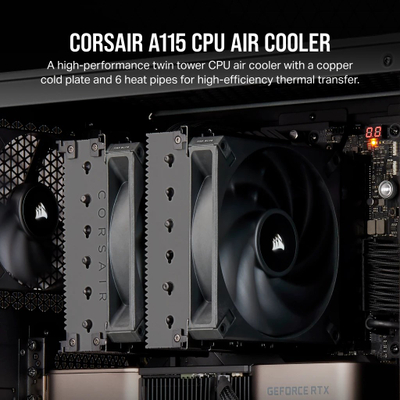 Ладилник за процесор CORSAIR A115 Twin Tower Air, два вентилатори, компатибилен со AMD Intel, црн